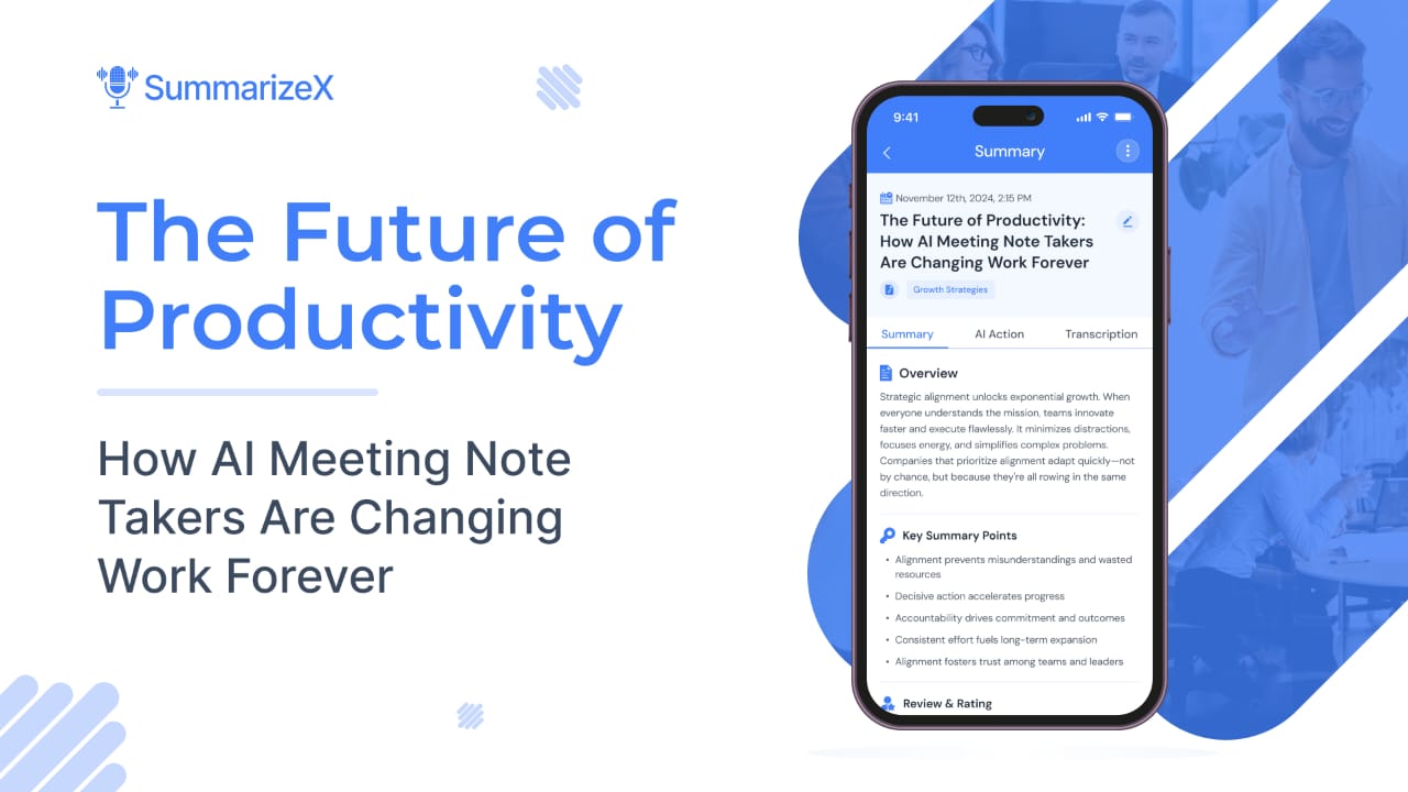 SummarizeX app showing AI meeting note summaries on a smartphone.