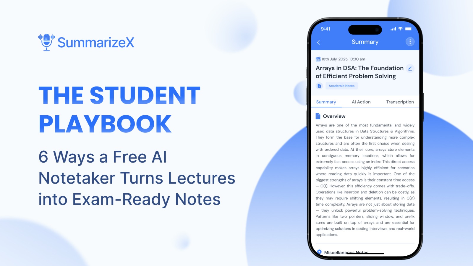 Graphic showing SummarizeX turning lectures into clear, exam-ready notes on a smartphone.
