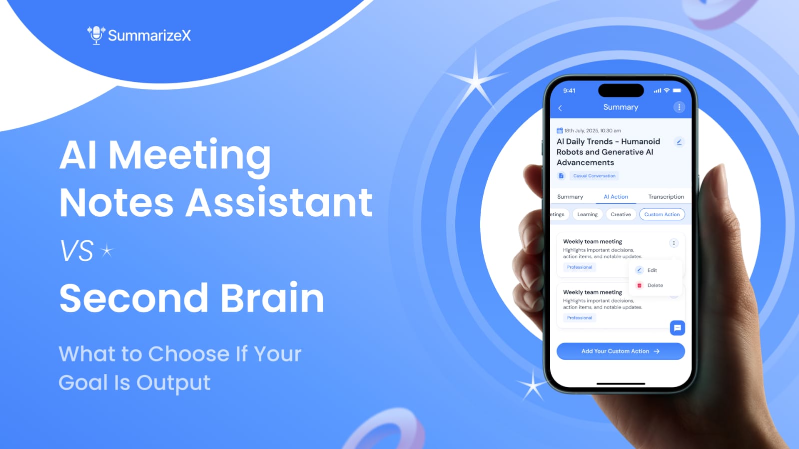 AI meeting notes app on smartphone with text ‘AI Meeting Notes Assistant vs Second Brain’ on blue background.
